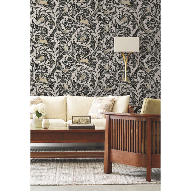 Woodland Tapestry Black Wallpaper with Botanical Animals Motif - York AC9122