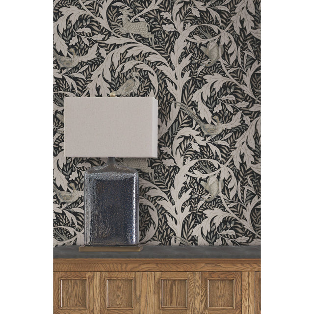 Woodland Tapestry Black Wallpaper with Botanical Animals Motif - York AC9122