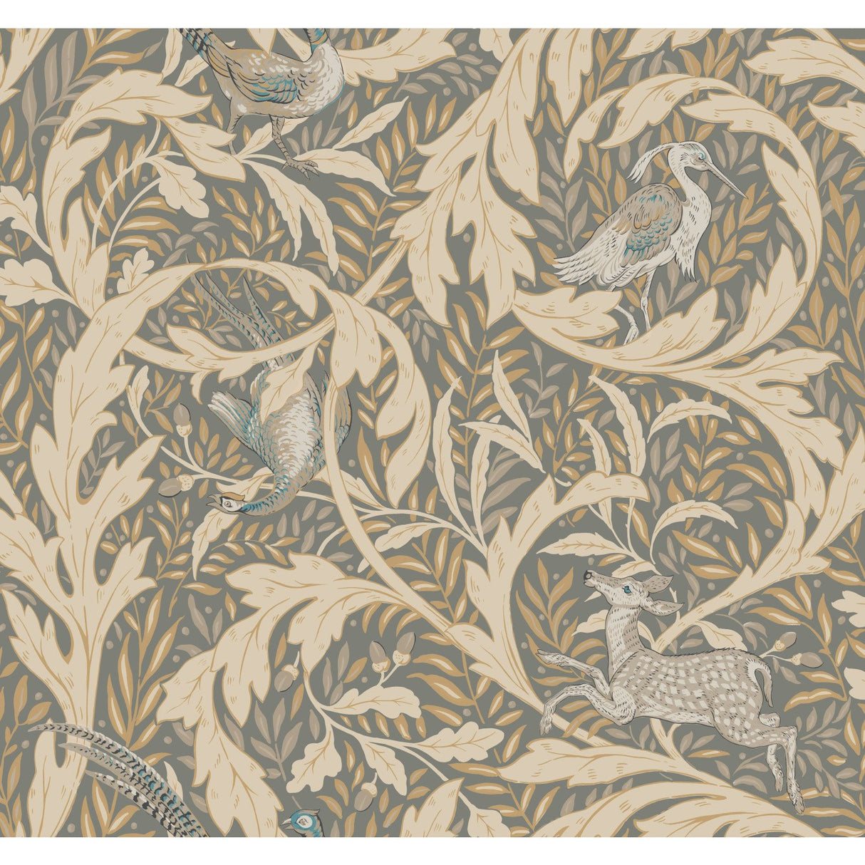 Woodland Tapestry Neutral Metallic Wallpaper with Botanical Animals Motif - York AC9123