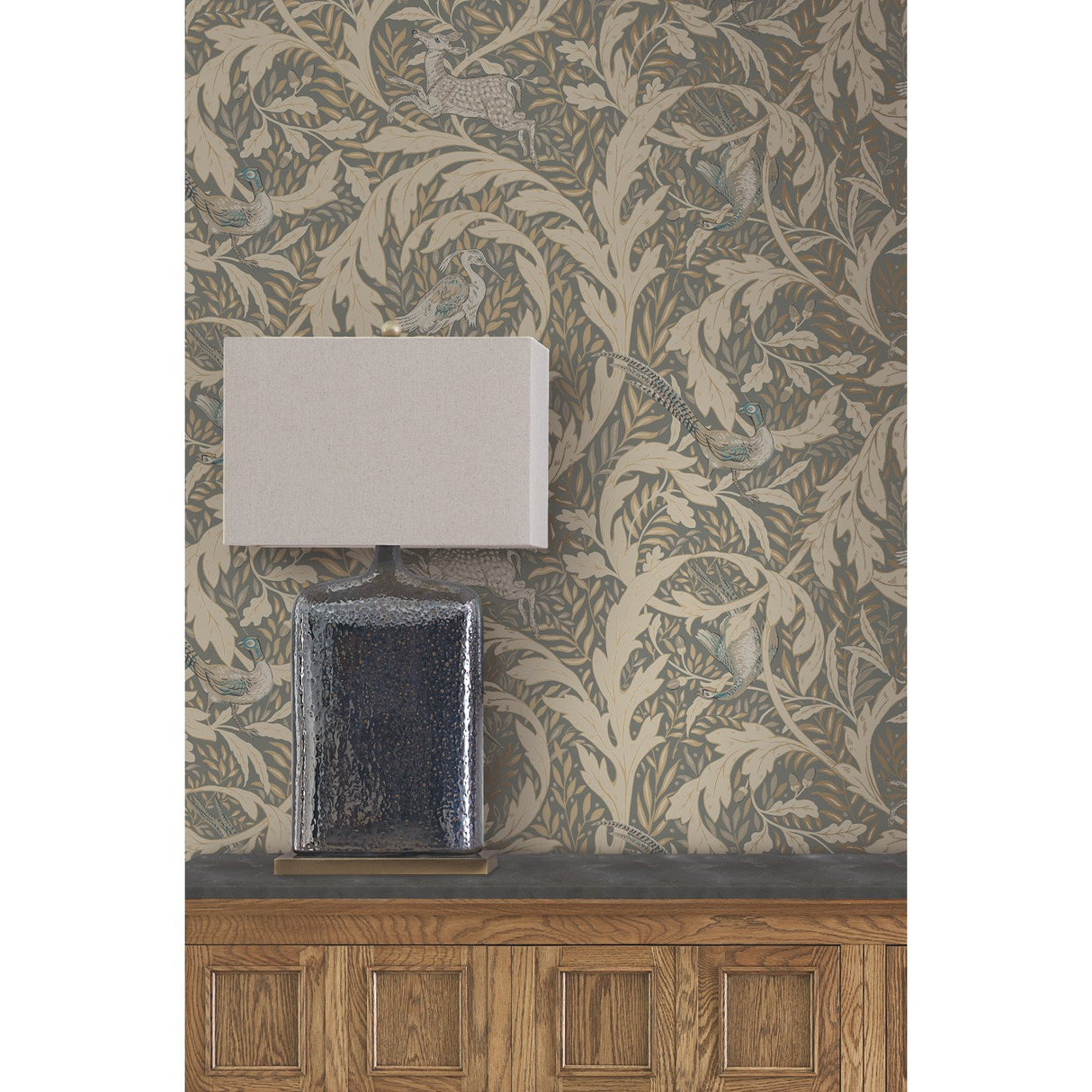 Woodland Tapestry Neutral Metallic Wallpaper with Botanical Animals Motif - York AC9123
