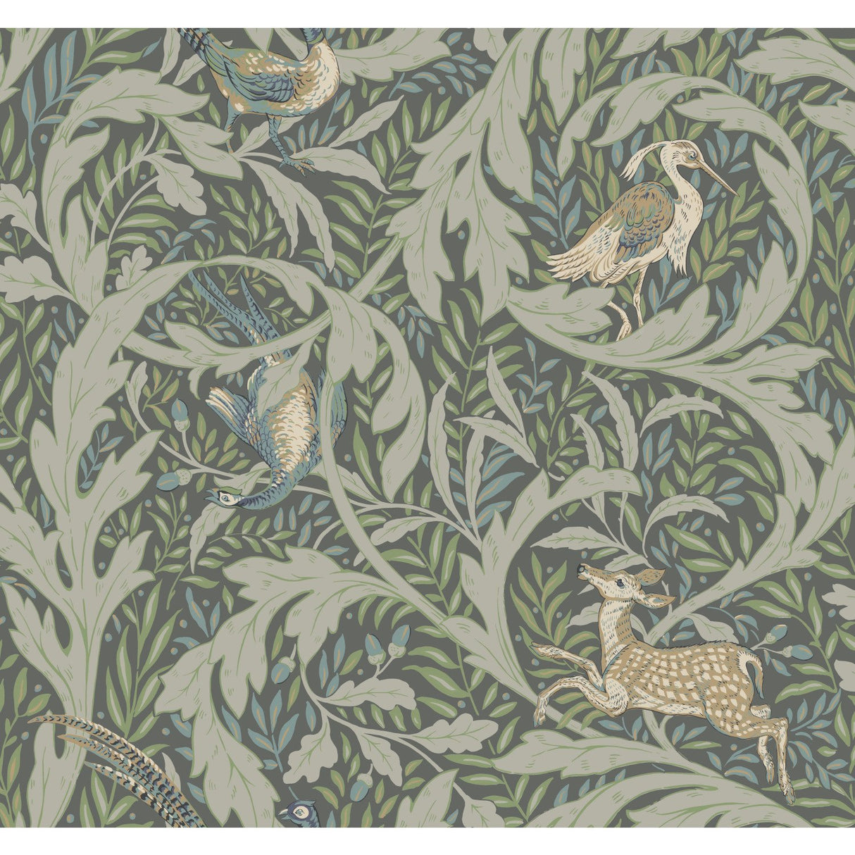 Woodland Tapestry Sage Wallpaper with Botanical Animals Motif - York AC9124