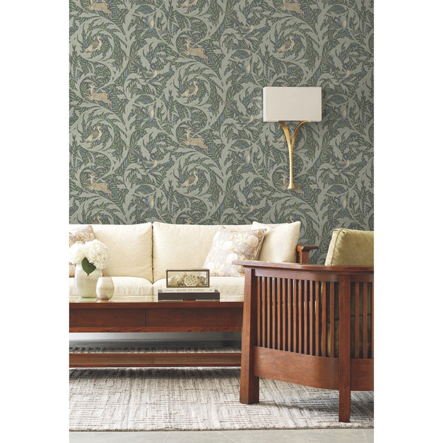 Woodland Tapestry Sage Wallpaper with Botanical Animals Motif - York AC9124