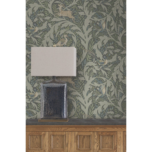 Woodland Tapestry Sage Wallpaper with Botanical Animals Motif - York AC9124