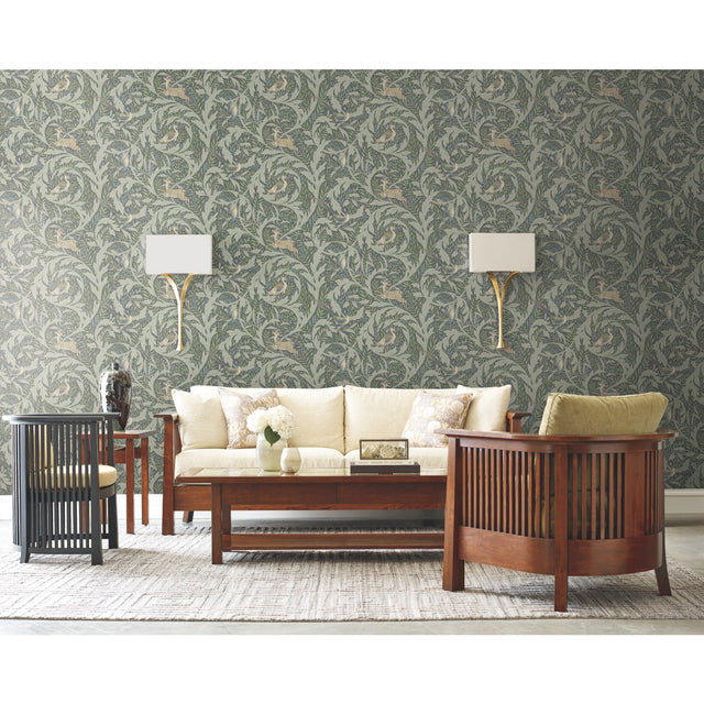 Woodland Tapestry Sage Wallpaper with Botanical Animals Motif - York AC9124