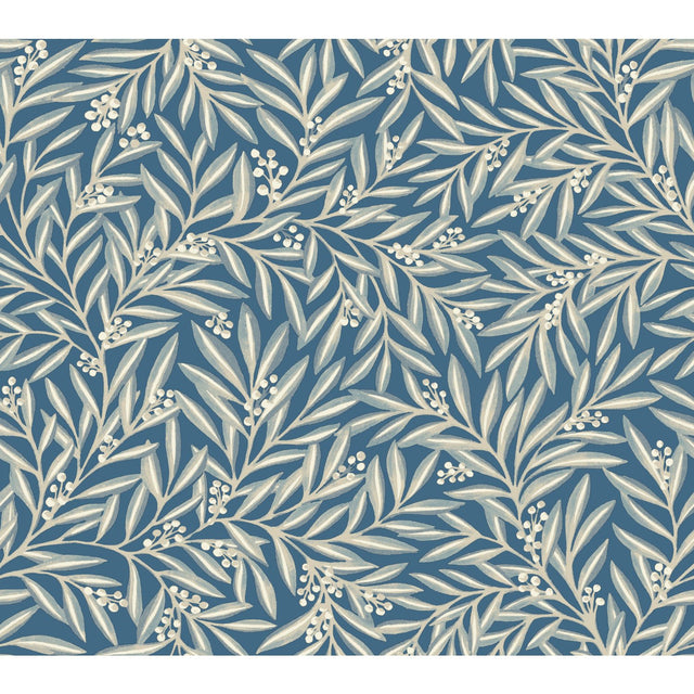 Rowan Dusty Blue Wallpaper with Botanical Berry and Leaf Motif - York AC9132