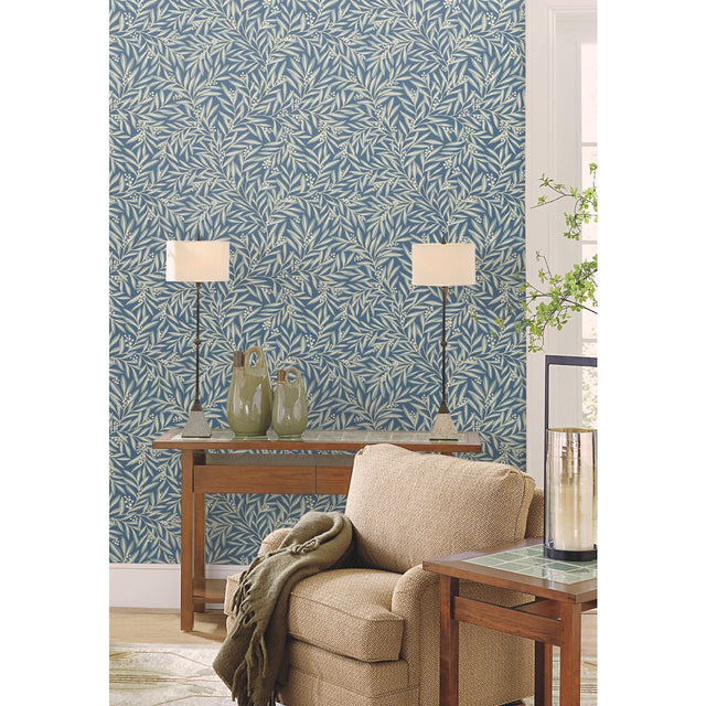 Rowan Dusty Blue Wallpaper with Botanical Berry and Leaf Motif - York AC9132