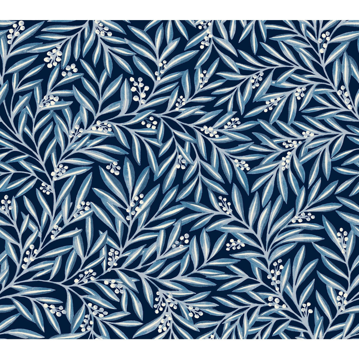 Rowan Navy Wallpaper with Botanical Berry and Leaf Motif - York AC9133