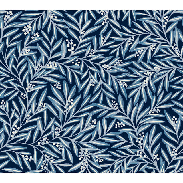 Rowan Navy Wallpaper with Botanical Berry and Leaf Motif - York AC9133