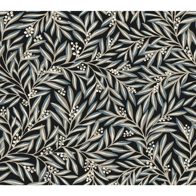 Rowan Black Wallpaper with Botanical Berry and Leaf Motif - York AC9135