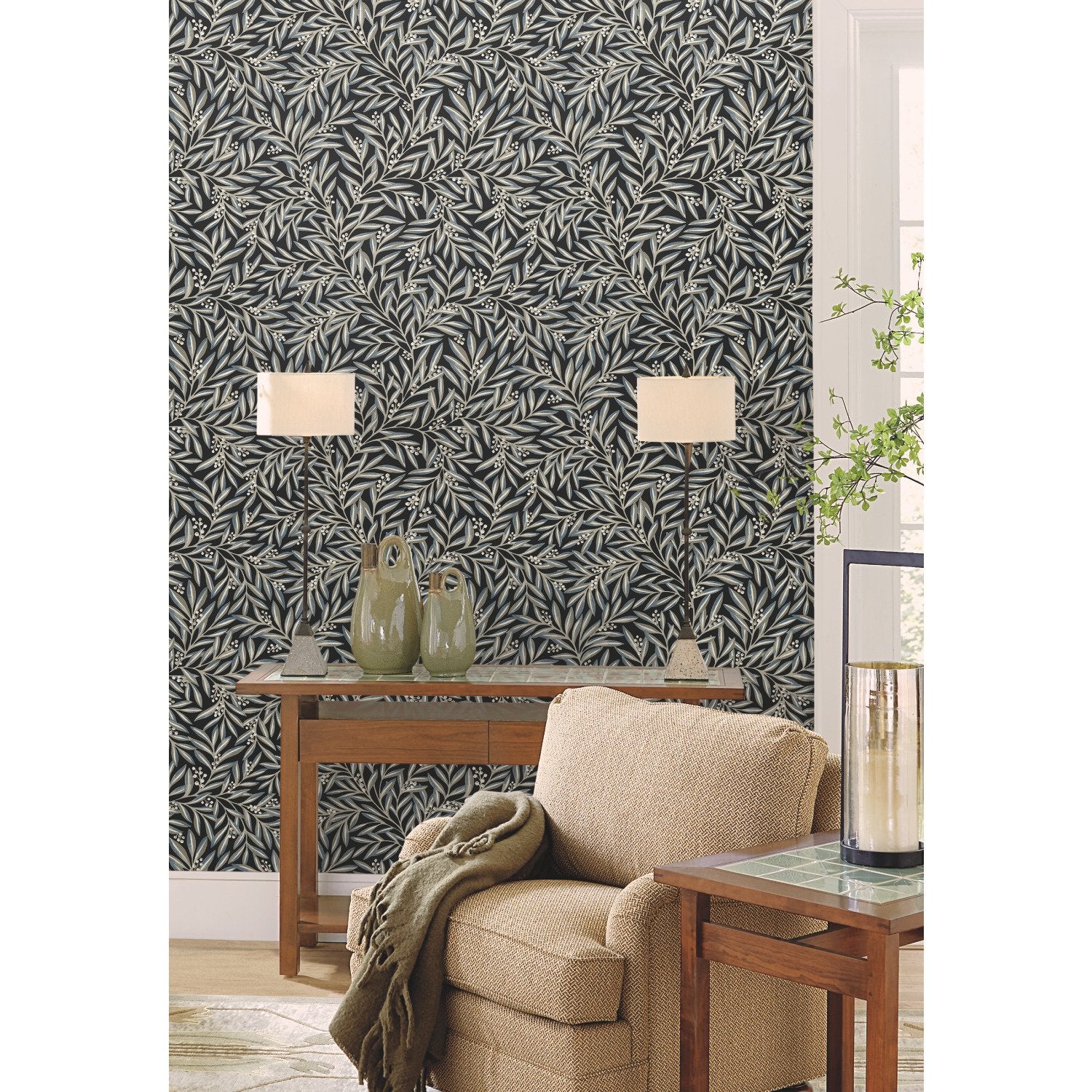 Wallpaper Rovan Rowan Black Wallpaper with Botanical Berry and Leaf Motif - York AC913 ...