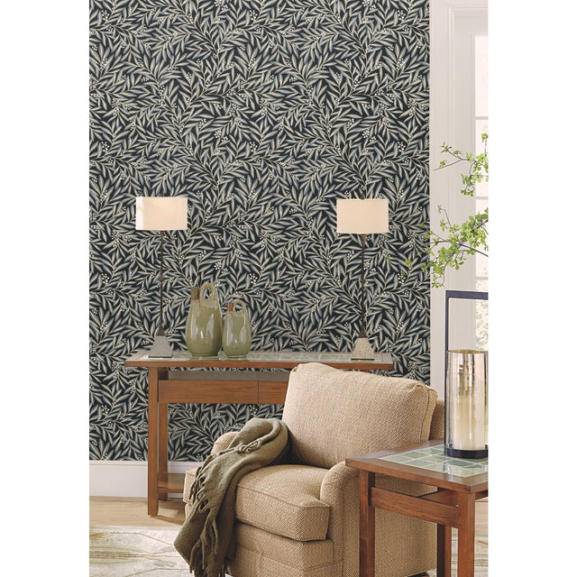 Rowan Black Wallpaper with Botanical Berry and Leaf Motif - York AC9135