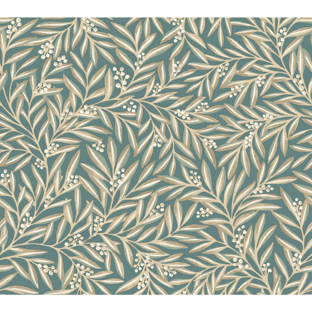 Rowan Teal Wallpaper with Botanical Berry and Leaf Motif - York AC9137