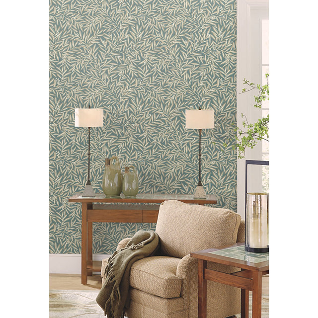 Rowan Teal Wallpaper with Botanical Berry and Leaf Motif - York AC9137