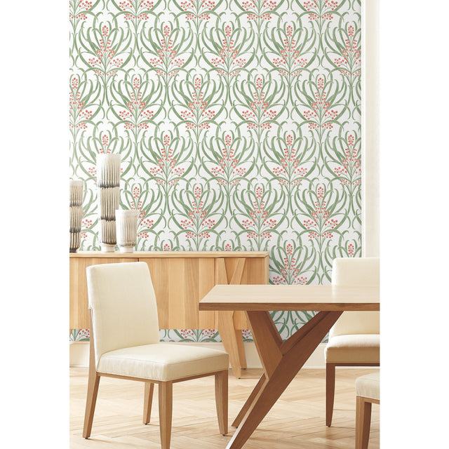 Calluna White & Berry Metallic Wallpaper with Arts and Crafts Floral Motif - York AC9141