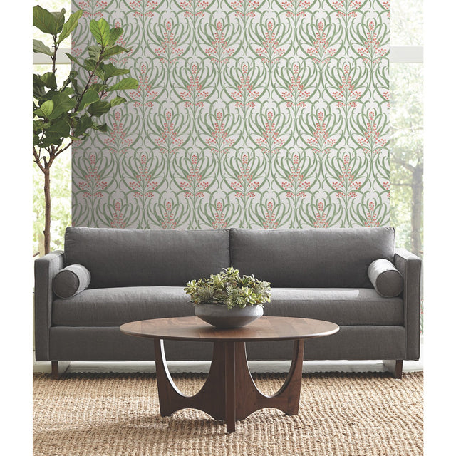 Calluna White & Berry Metallic Wallpaper with Arts and Crafts Floral Motif - York AC9141