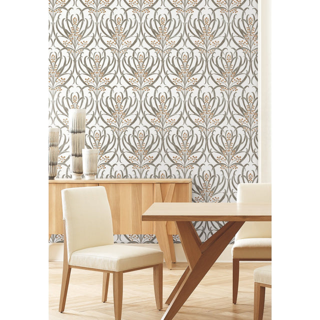 Calluna White & Taupe Metallic Wallpaper with Arts & Crafts Floral Motif - York AC9142