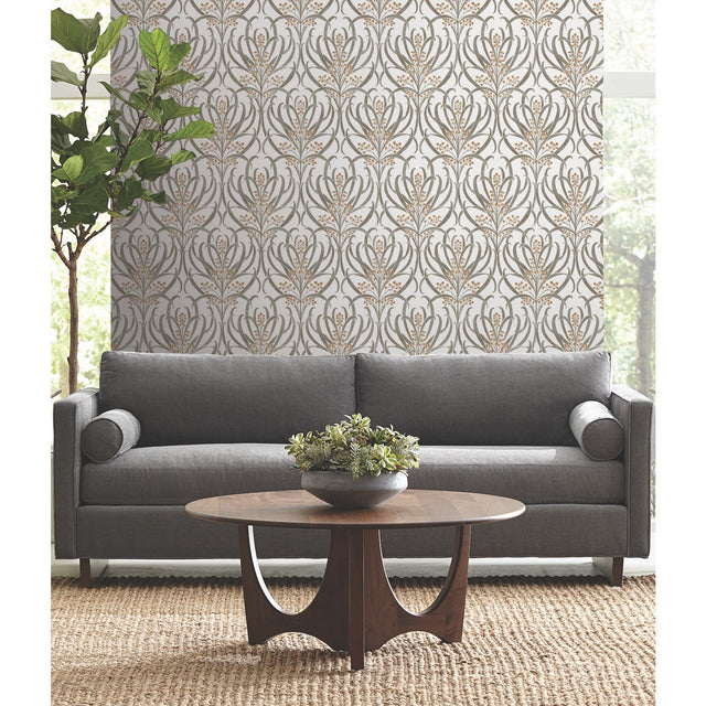 Calluna White & Taupe Metallic Wallpaper with Arts & Crafts Floral Motif - York AC9142