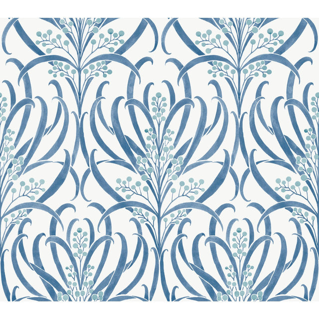 Calluna White & Blue Metallic Wallpaper with Floral Arts & Crafts Motif - York AC9143
