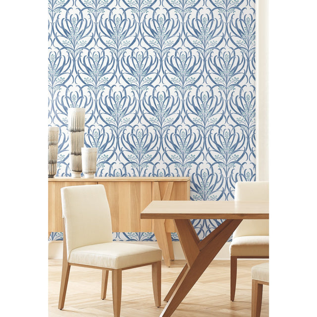 Calluna White & Blue Metallic Wallpaper with Floral Arts & Crafts Motif - York AC9143