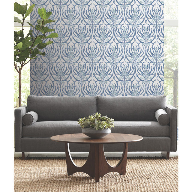 Calluna White & Blue Metallic Wallpaper with Floral Arts & Crafts Motif - York AC9143