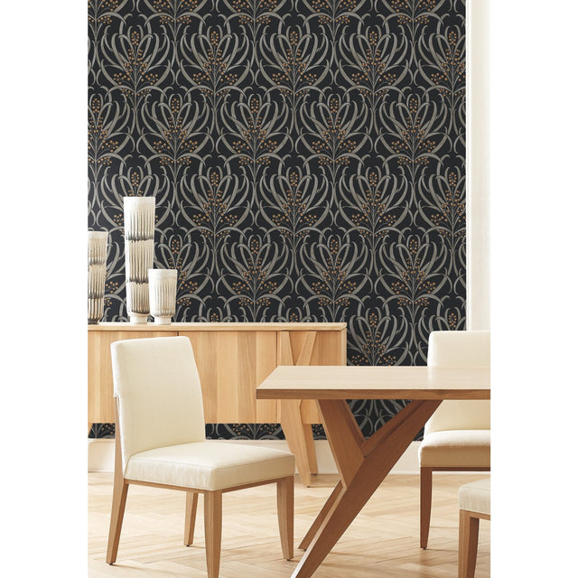 Calluna Black & Gold Metallic Wallpaper with Floral Arts & Crafts Motif - York AC9145