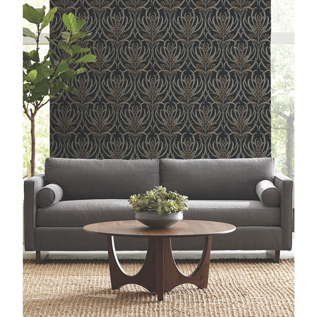 Calluna Black & Gold Metallic Wallpaper with Floral Arts & Crafts Motif - York AC9145