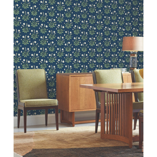 Meadow Flowers Navy & White Wallpaper with Floral Botanical Motif - York AC9151
