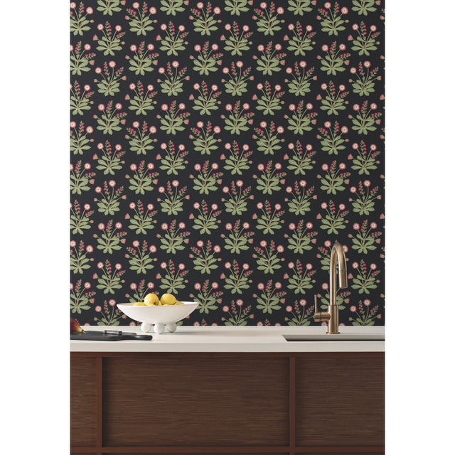 Meadow Flowers Black & Rose Gold Metallic Wallpaper with Floral Arts and Crafts Motif - York AC9152