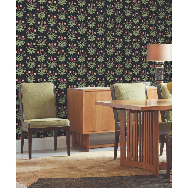 Meadow Flowers Black & Rose Gold Metallic Wallpaper with Floral Arts and Crafts Motif - York AC9152