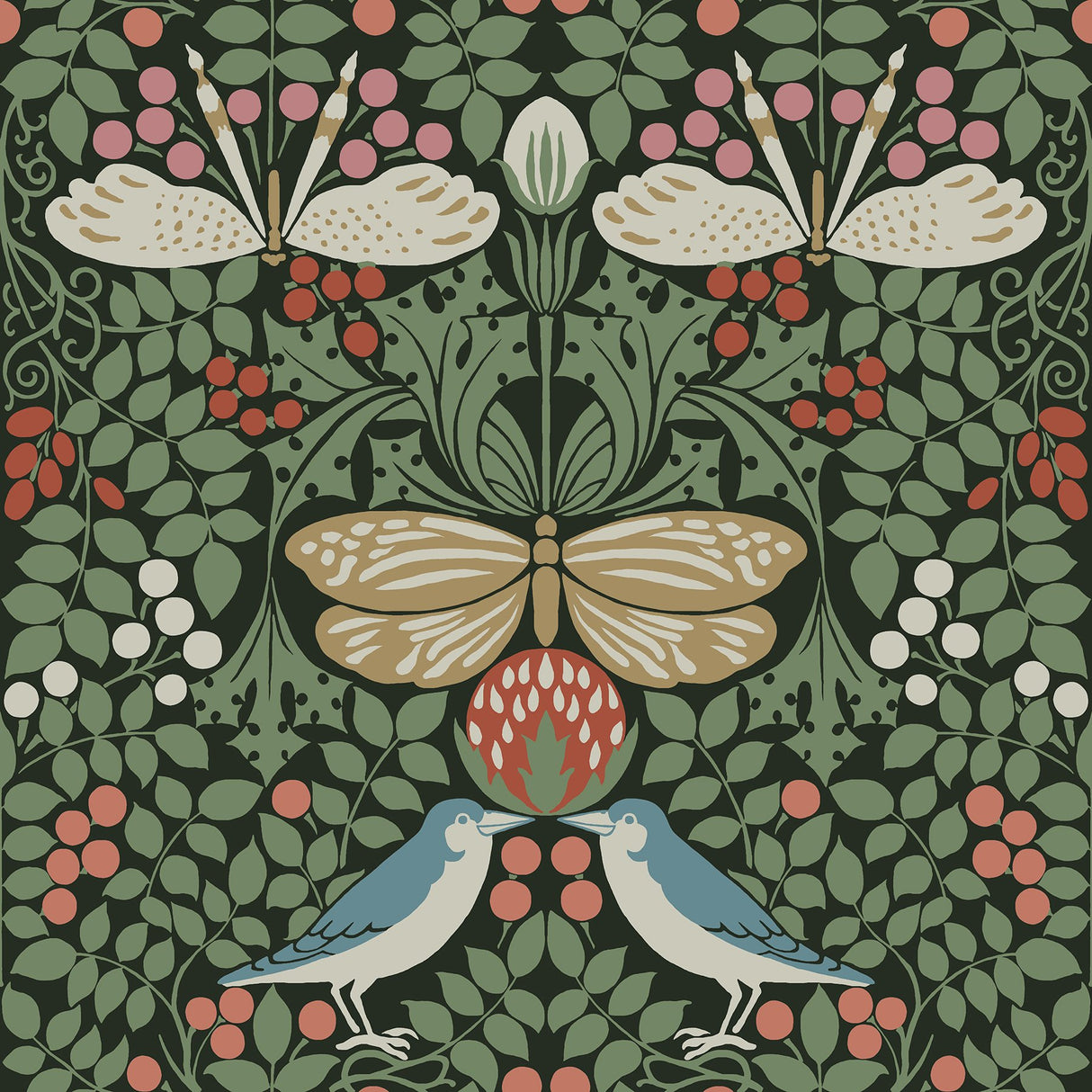 Butterfly Garden Green Metallic Wallpaper with Botanical Birds and Butterflies Pattern - York AC9161