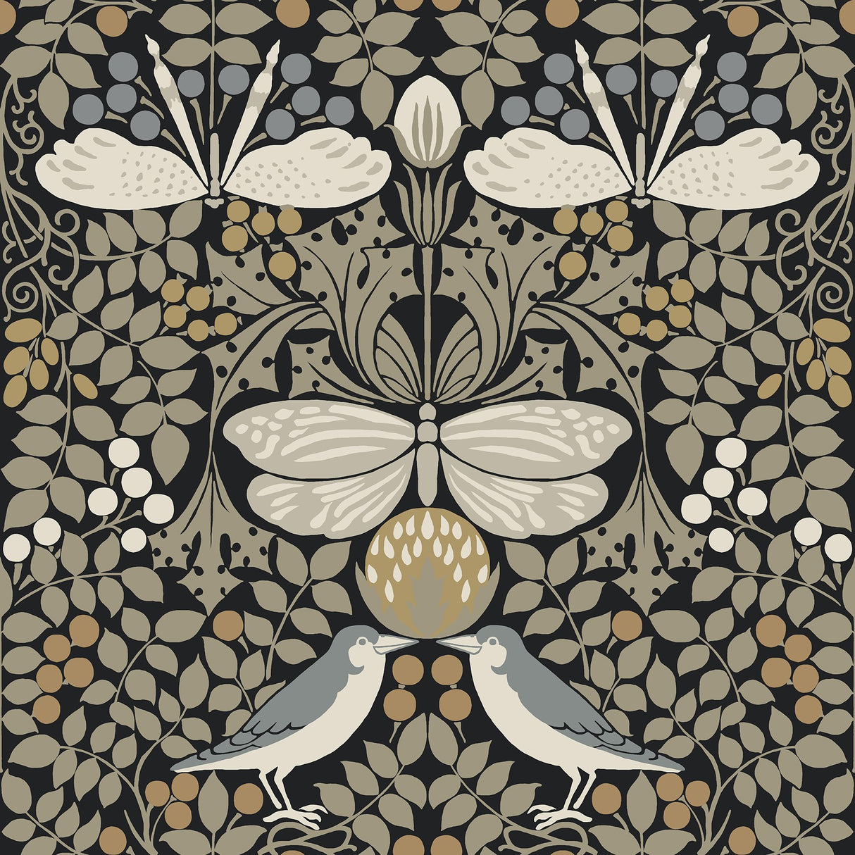 Butterfly Garden Black Metallic Wallpaper with Botanical Animals Motif - York AC9162