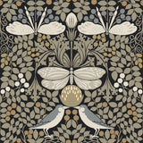 Butterfly Garden Black Metallic Wallpaper with Botanical Animals Motif - York AC9162