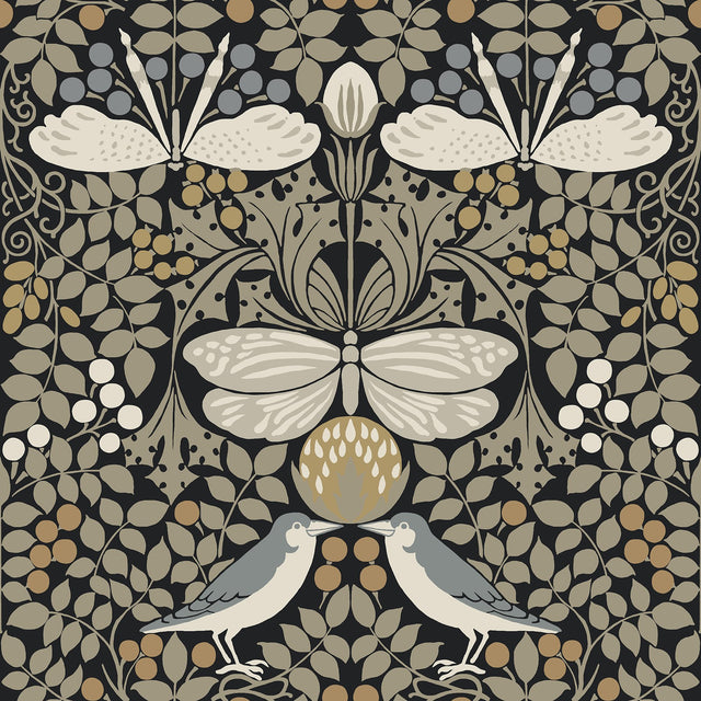 Butterfly Garden Black Metallic Wallpaper with Botanical Animals Motif - York AC9162