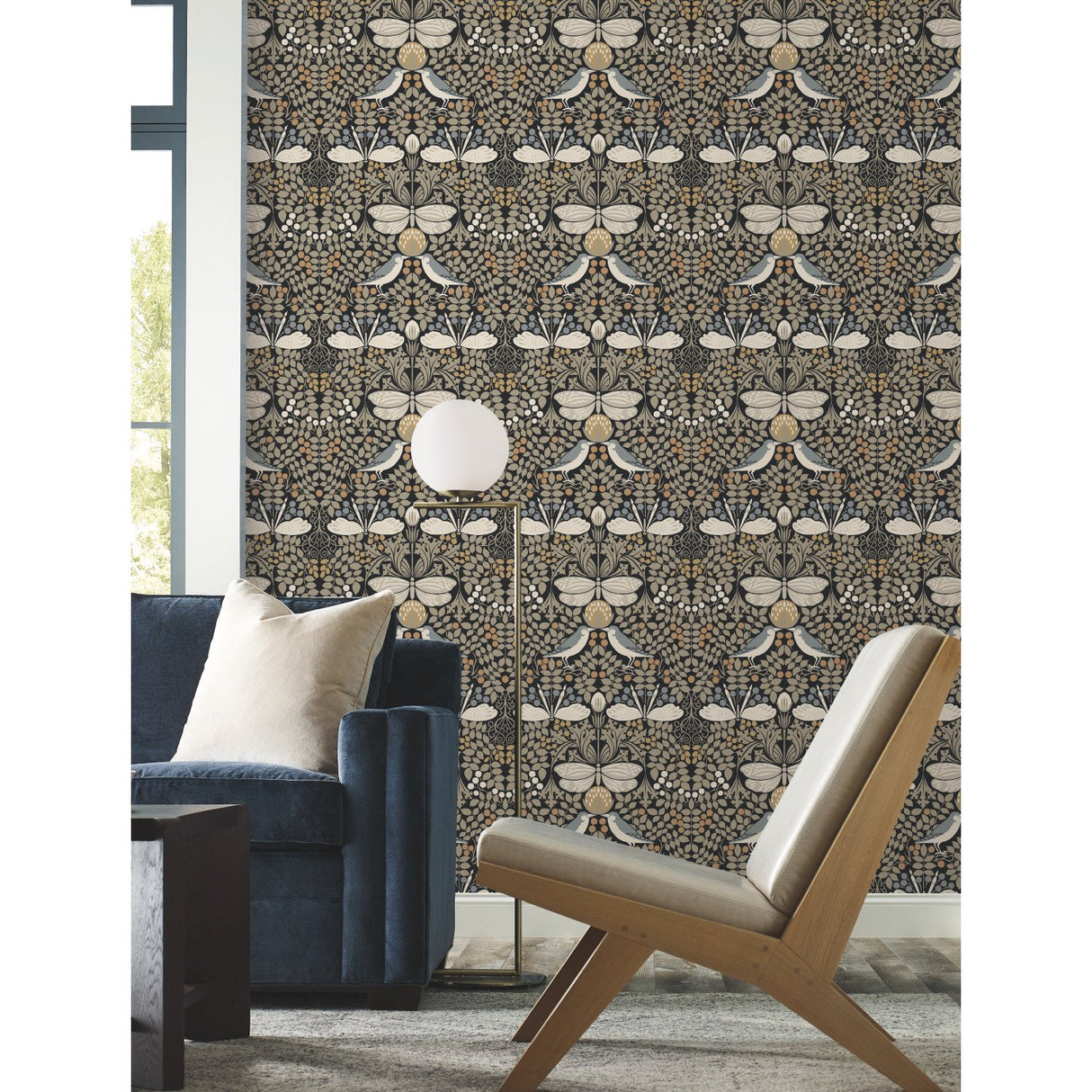 Butterfly Garden Black Metallic Wallpaper with Botanical Animals Motif - York AC9162