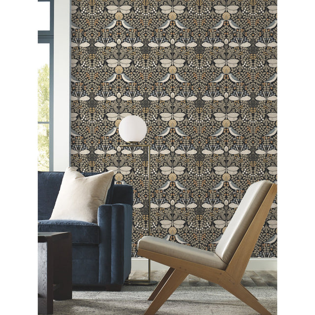 Butterfly Garden Black Metallic Wallpaper with Botanical Animals Motif - York AC9162