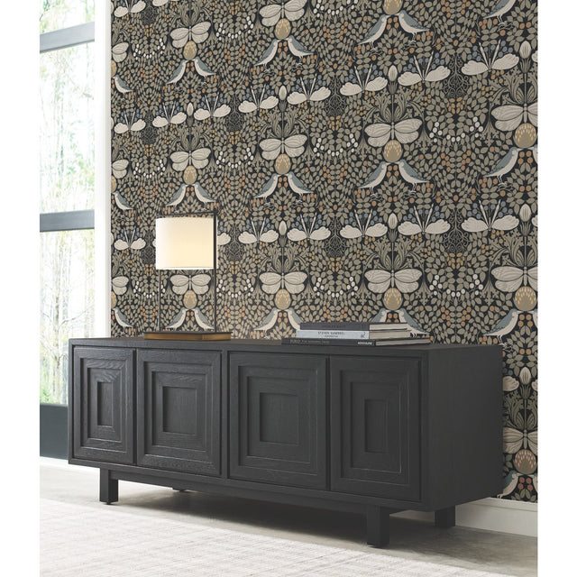 Butterfly Garden Black Metallic Wallpaper with Botanical Animals Motif - York AC9162