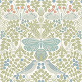 Butterfly Garden Green & Blue Wallpaper with Botanical Birds and Butterflies Motif - York AC9164