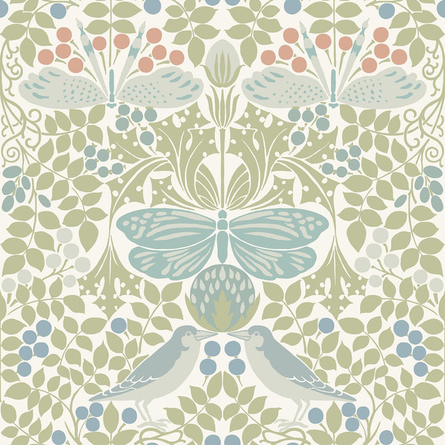 Butterfly Garden Green & Blue Wallpaper with Botanical Birds and Butterflies Motif - York AC9164