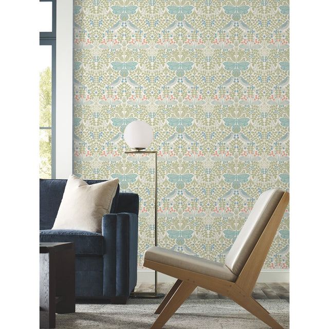 Butterfly Garden Green & Blue Wallpaper with Botanical Birds and Butterflies Motif - York AC9164