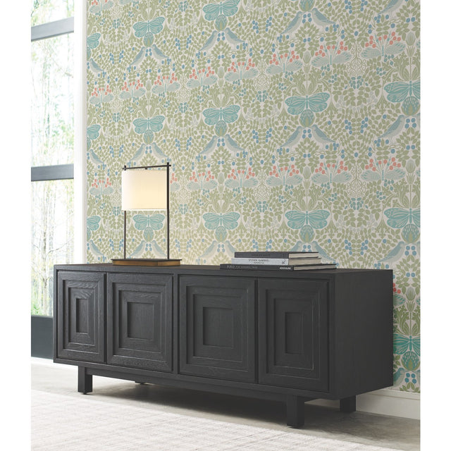 Butterfly Garden Green & Blue Wallpaper with Botanical Birds and Butterflies Motif - York AC9164