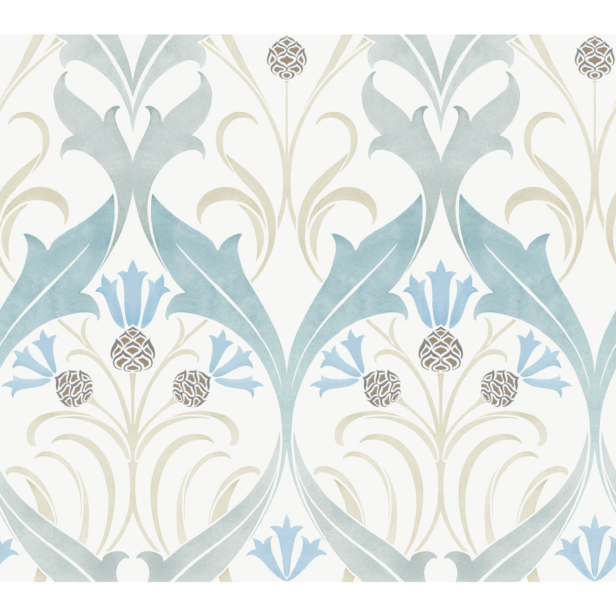 Pine Cone Ribbon Teal Wallpaper with Arts and Crafts Floral Motif - York AC9171