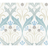 Pine Cone Ribbon Teal Wallpaper with Arts and Crafts Floral Motif - York AC9171