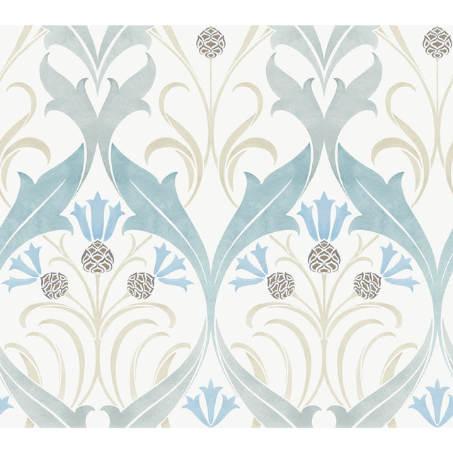 Pine Cone Ribbon Teal Wallpaper with Arts and Crafts Floral Motif - York AC9171