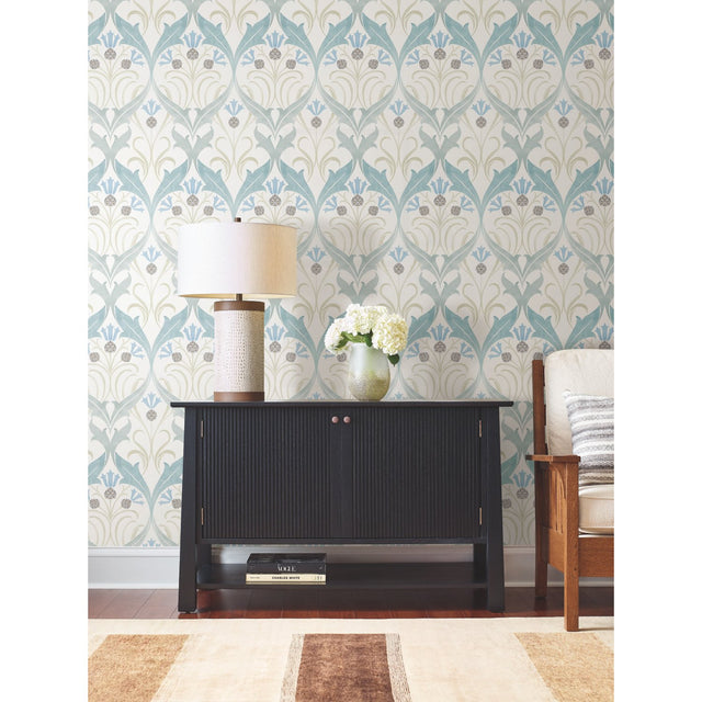 Pine Cone Ribbon Teal Wallpaper with Arts and Crafts Floral Motif - York AC9171