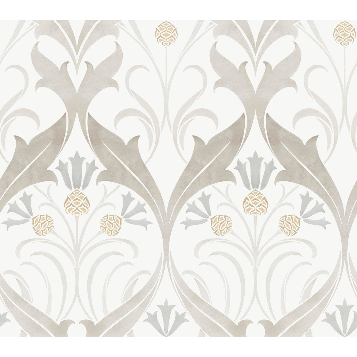 Pine Cone Ribbon Neutral Wallpaper with Arts & Crafts Botanical Motif - York AC9172