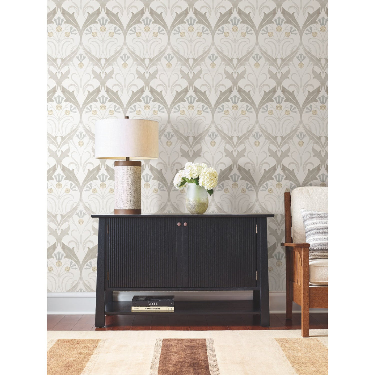 Pine Cone Ribbon Neutral Wallpaper with Arts & Crafts Botanical Motif - York AC9172