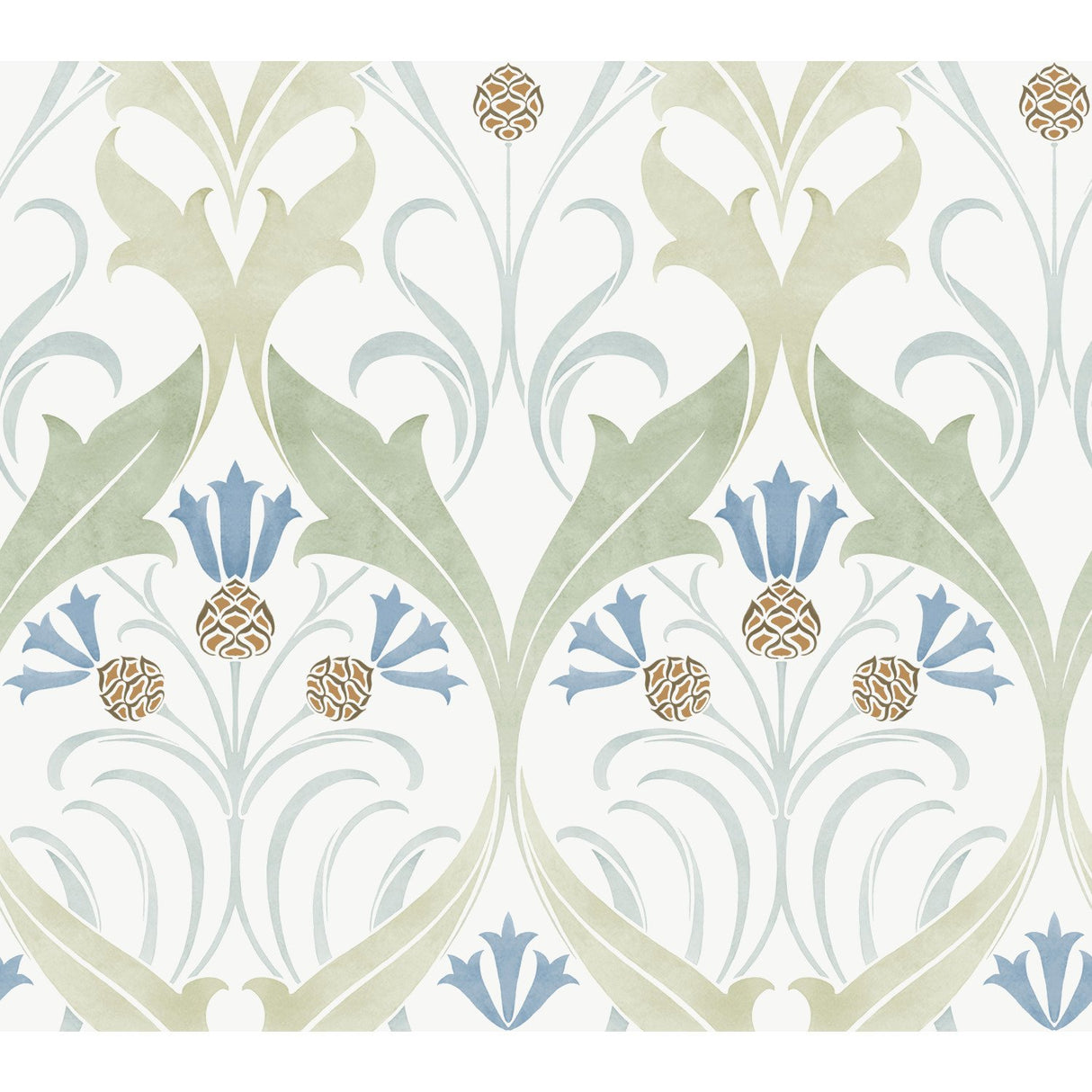Pine Cone Ribbon Green & Blue Metallic Wallpaper with Arts and Crafts Botanical Motif - York AC9173