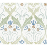 Pine Cone Ribbon Green & Blue Metallic Wallpaper with Arts and Crafts Botanical Motif - York AC9173