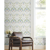 Pine Cone Ribbon Green & Blue Metallic Wallpaper with Arts and Crafts Botanical Motif - York AC9173