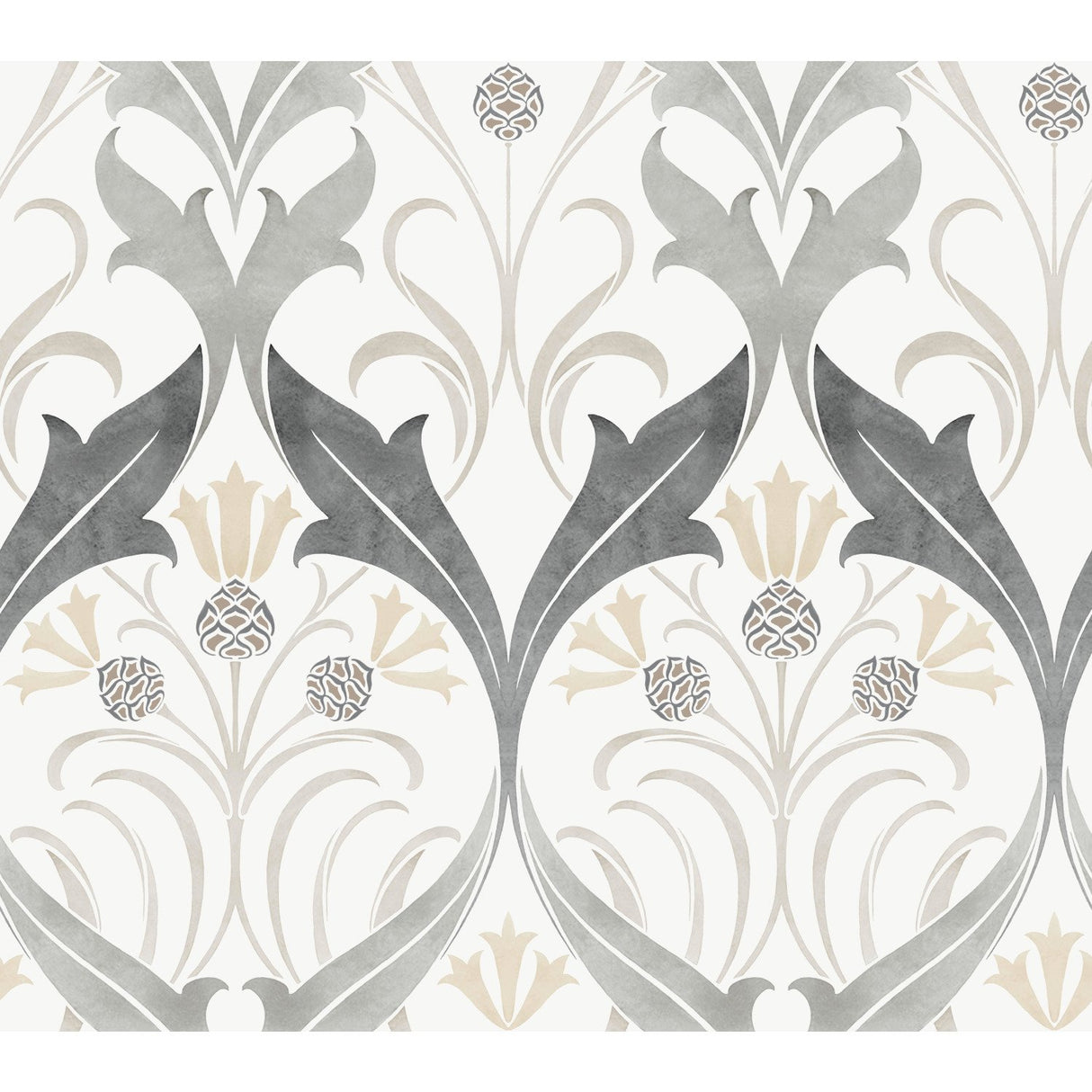 Pine Cone Ribbon Charcoal Metallic Wallpaper with Arts and Crafts Floral Motif - York AC9174